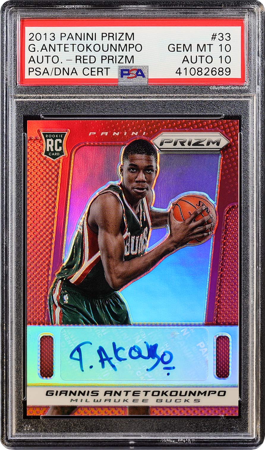 2013 Giannis Antetokounmpo Panini Prizm Red Prizms RC Rookie Auto /49 PSA 10 with 10 Pop 3