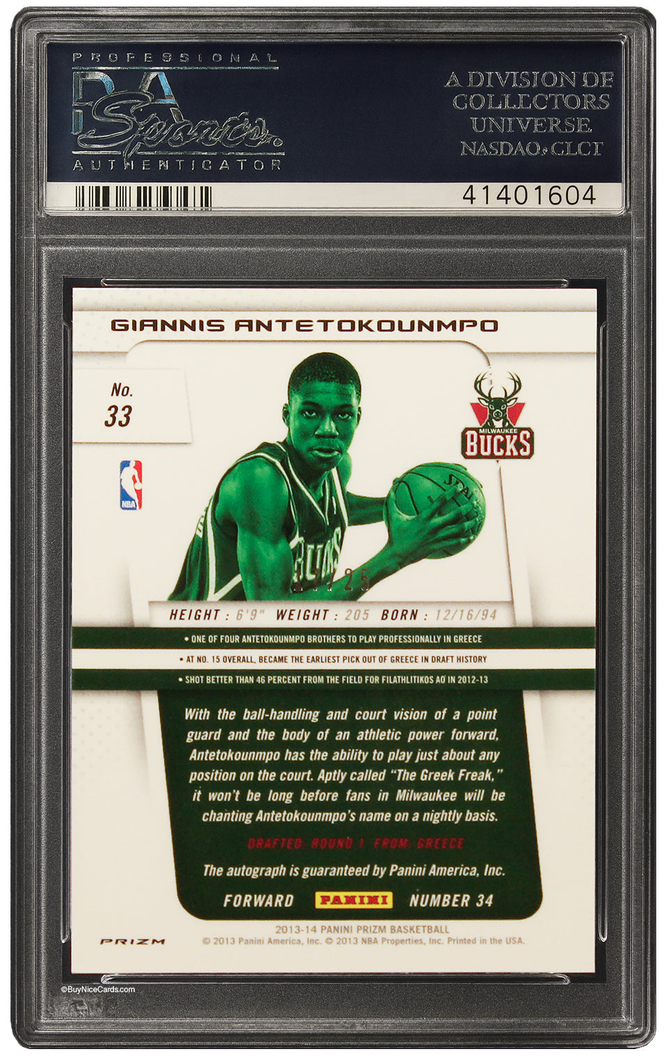 2013 Giannis Antetokounmpo Panini Prizm Silver Prizms RC Rookie Auto /25 PSA 10 Pop 3