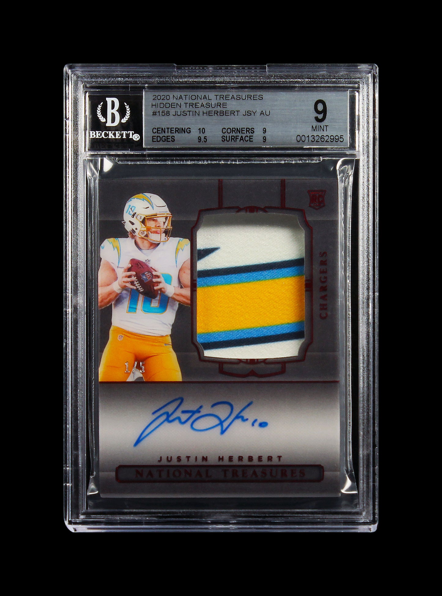 2020 Justin Herbert National Treasures Hidden Treasure RC Auto /5 #158 BGS 9