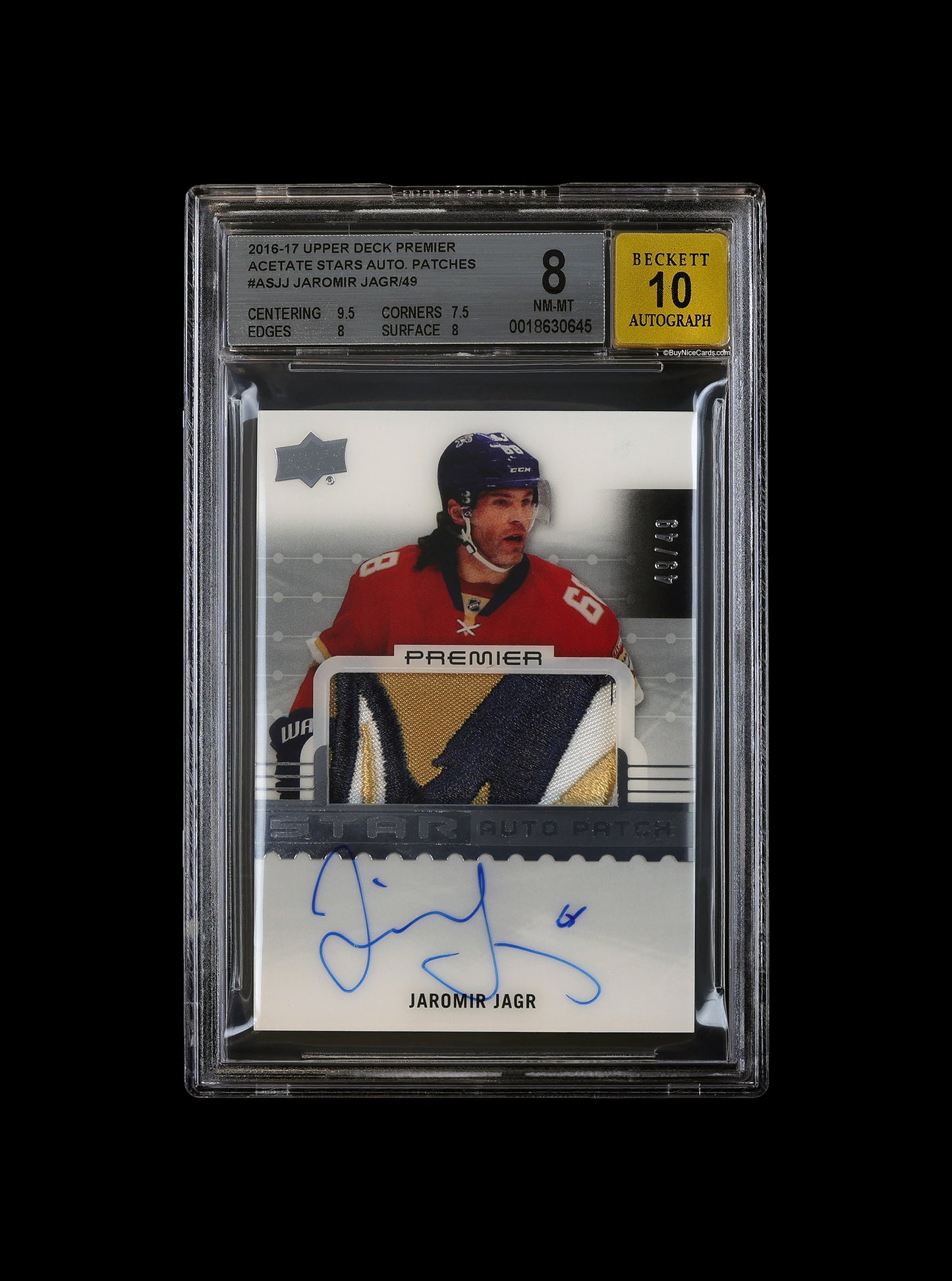 2016-17 Jaromir Jagr Upper Deck Premier Acetate Stars Patch Auto /49 BGS 8 / 10