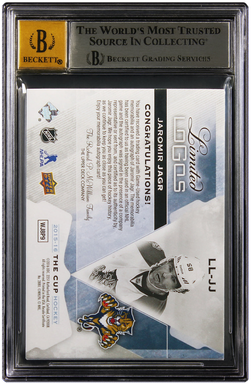 2015-16 Jaromir Jagr Upper Deck The Cup Limited Logos Patch Auto #LLJJ /50 BGS 8.5 / 10
