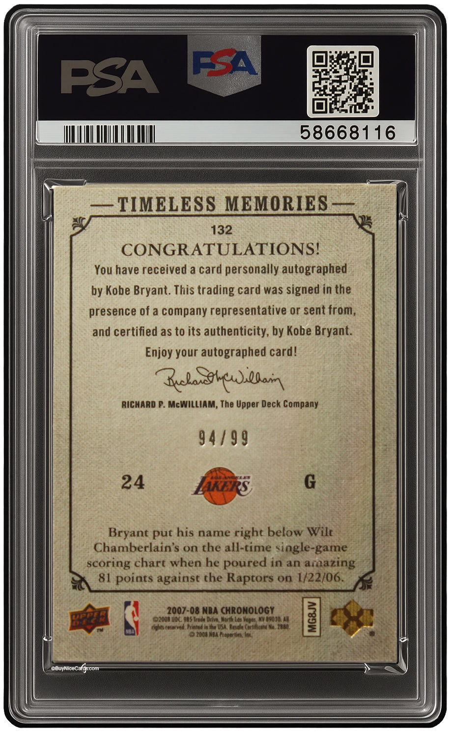 2007 Kobe Bryant Upper Deck Chronology Timless Memories Auto /99 # 132 PSA 9 Mint