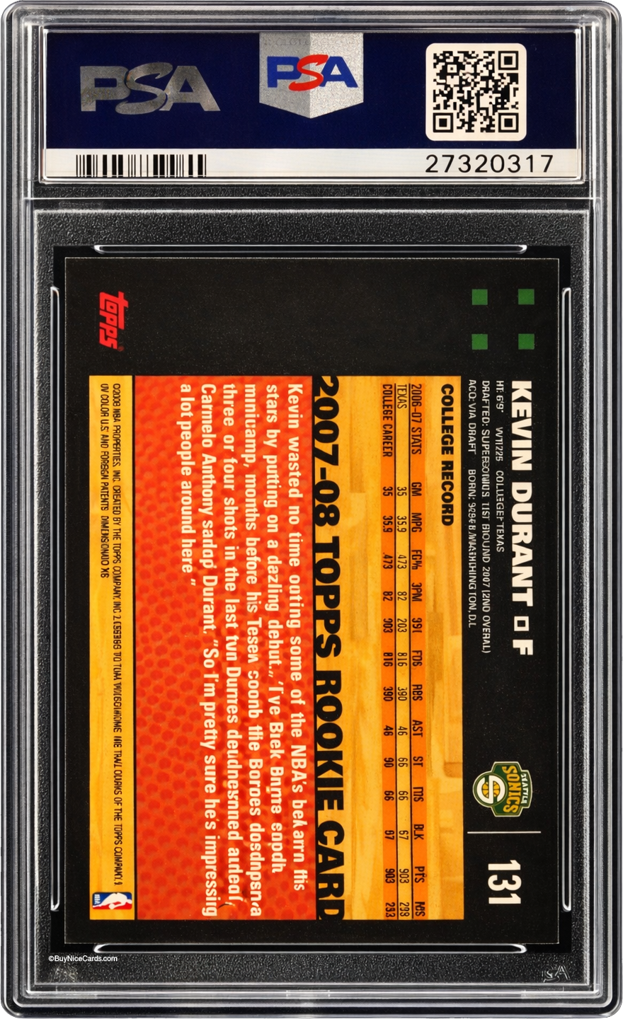 2007 Kevin Durant Topps Chrome Base RC Rookie #131 PSa 10 Gem Mint