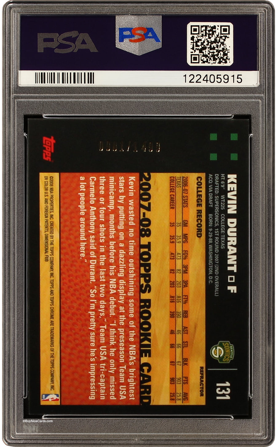 2007 Kevin Durant Topps Chrome Refractor SP RC Rookie /1499 #131 PSA 10 Gem Mint