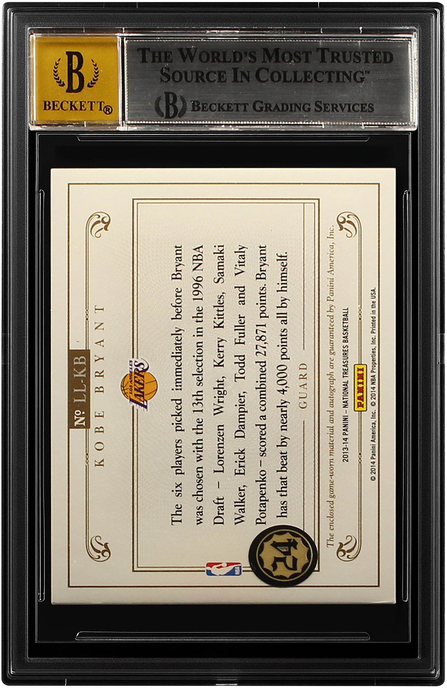 2013-14 Kobe Bryant Panini National Treasures Lasting Legacies Auto /25 #27 BGS 8.5