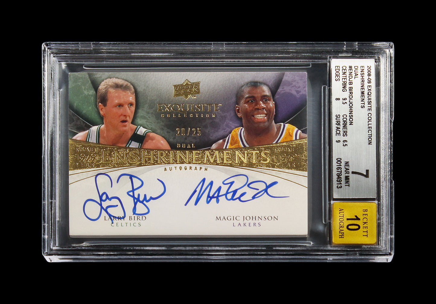2008-08 Larry Bird Magic Johnson Upper Deck Exquisite Enshrinements Dual Auto /25 BGS 7 / 10
