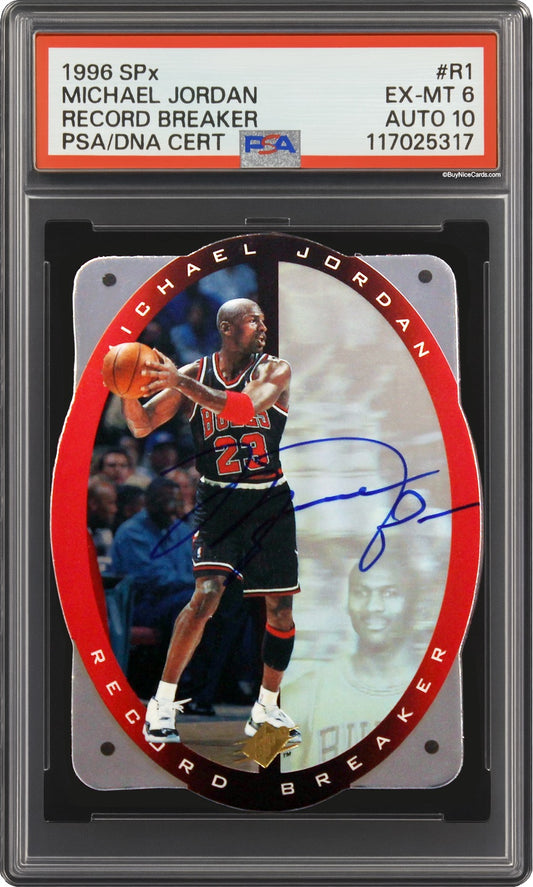 1996 Michael Jordan Upper Deck Record Breaker SPX on card Auto #RD PSA 6 / 10