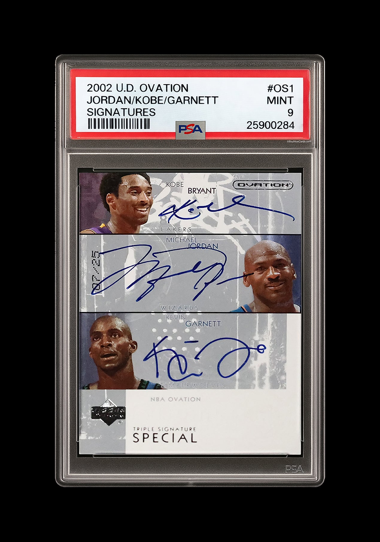 2002 Michael Jordan Kobe Bryant Kevin Garnett UD Ovation Signatures Auto /25 PSA 9