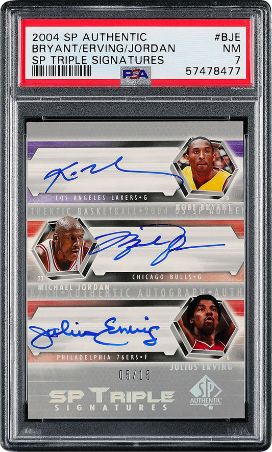 2004 Michael Jordan Kobe Bryant Julius Erving Dr. J UD SP Authentic Triple Auto /15 #BJE PSA 7