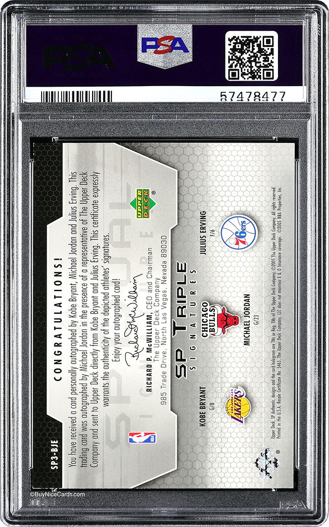 2004 Michael Jordan Kobe Bryant Julius Erving Dr. J UD SP Authentic Triple Auto /15 #BJE PSA 7