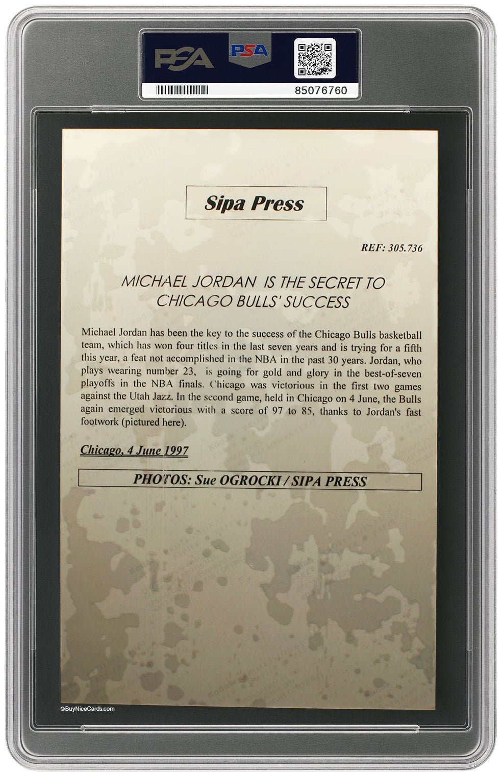 Michael Jordan NBA Finals Type 1 Original Photograph by Sue Ogrocki SIPA Press PSA