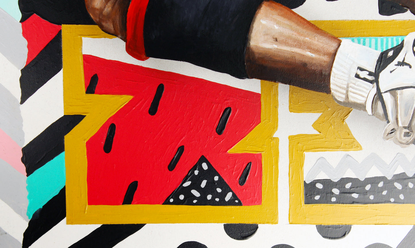 4.  MJ Exquisite, 2025 by Kevin 'Ohnoes' Gold - Acrylic on wood panel in Tasmanian wood frame