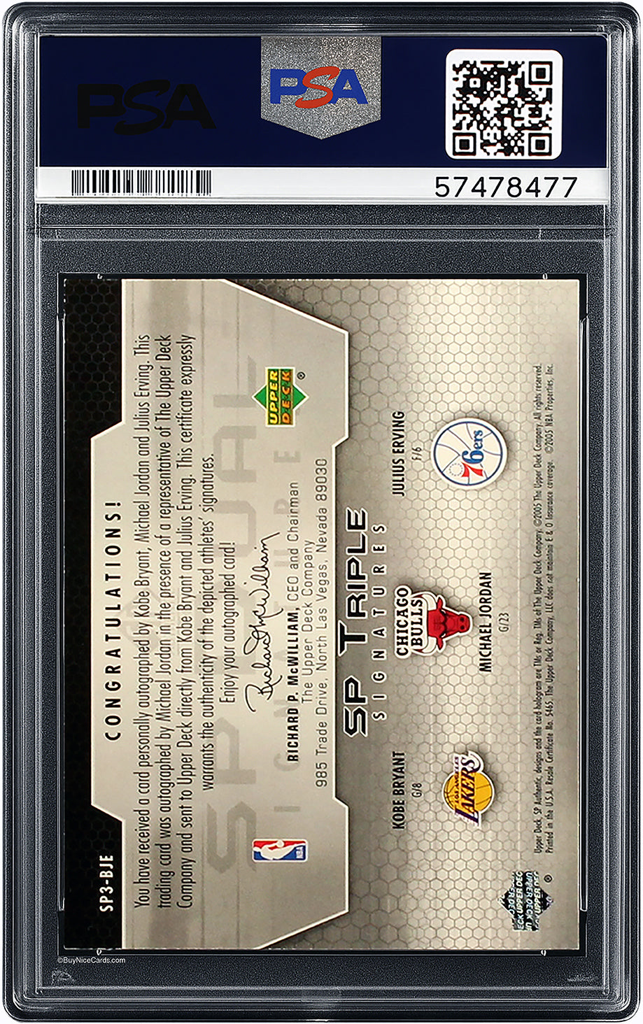 2004 Michael Jordan Kobe Bryant Julius Erving Dr. J UD SP Authentic Triple Auto /15 #BJE PSA 7