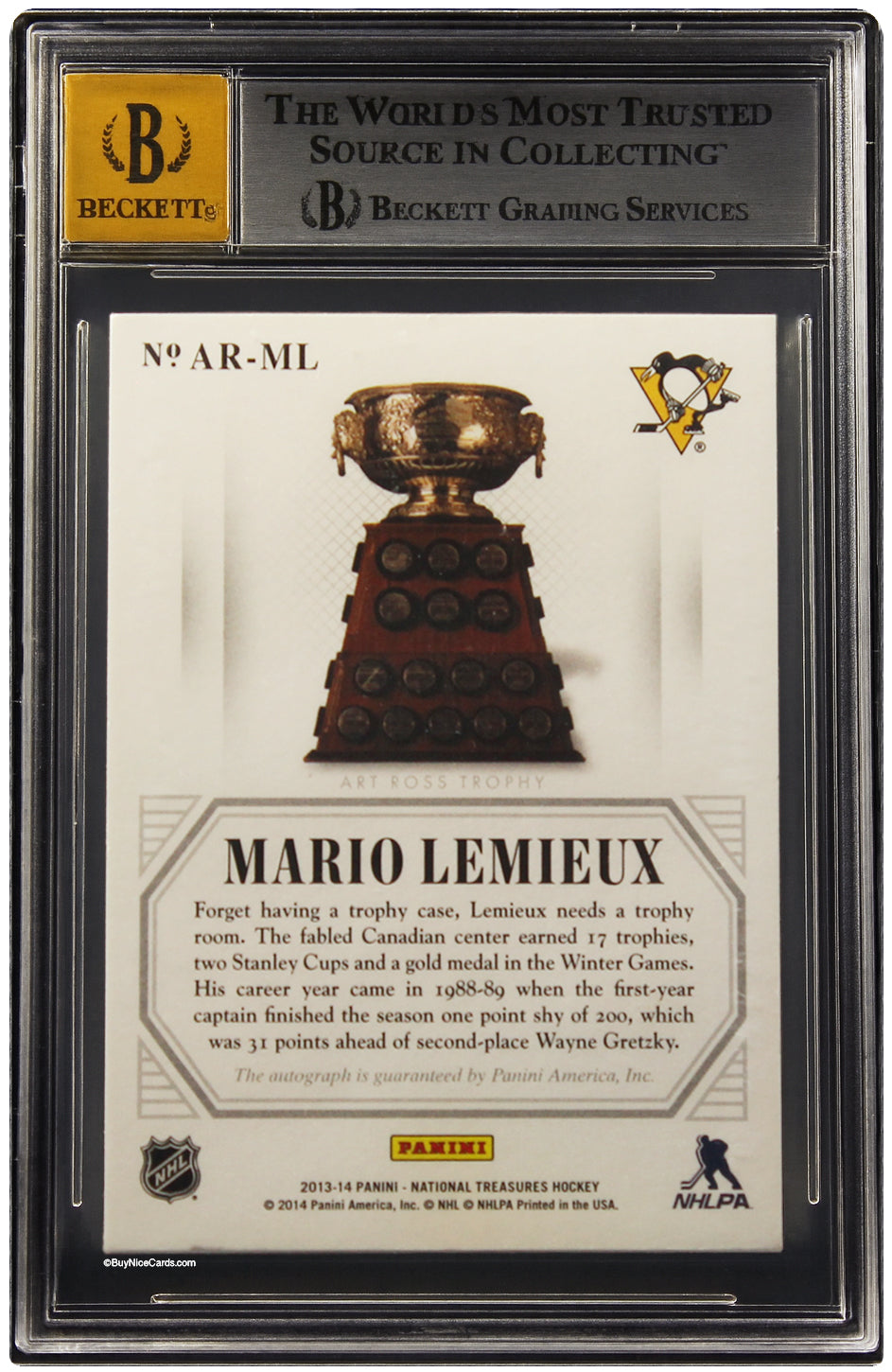 2013-14 Mario Lemieux Panini National Treasures Treasured Trophies Art Ross SP Auto /25 BGS 8.5