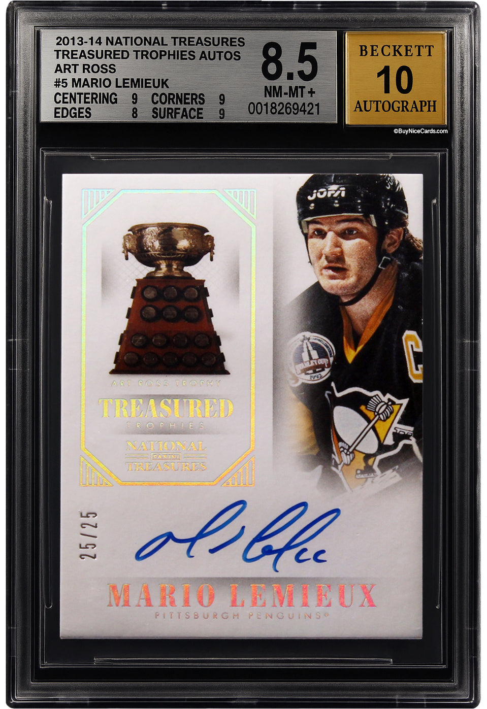 2013-14 Mario Lemieux Panini National Treasures Treasured Trophies Art Ross SP Auto /25 BGS 8.5