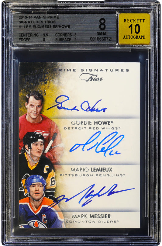 2013-14 Mario Lemieux Gordie Howe Mark Messier Panini Signature Trios Auto /25 BGS 8 / 10