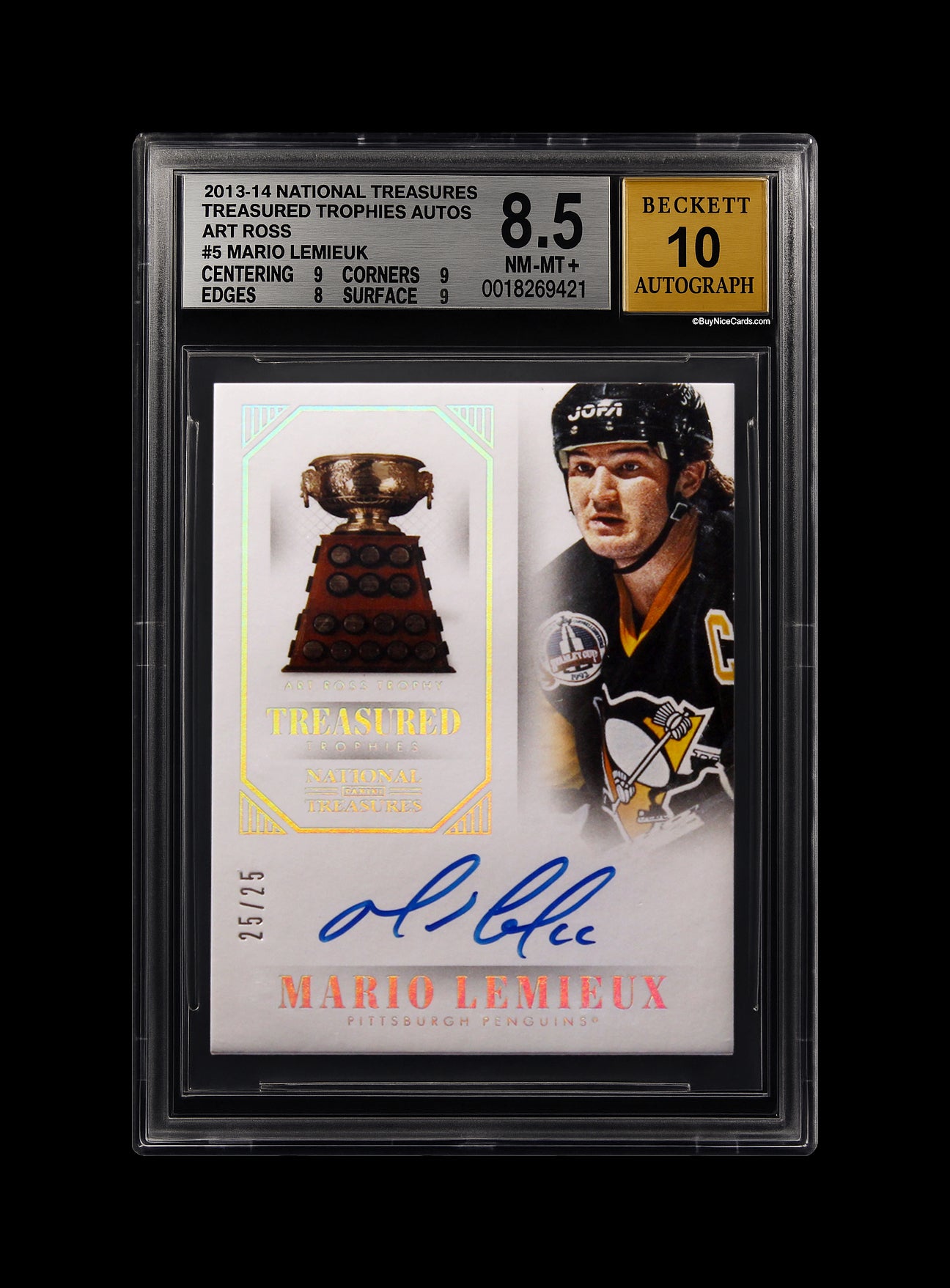 2013-14 Mario Lemieux Panini National Treasures Treasured Trophies Art Ross SP Auto /25 BGS 8.5