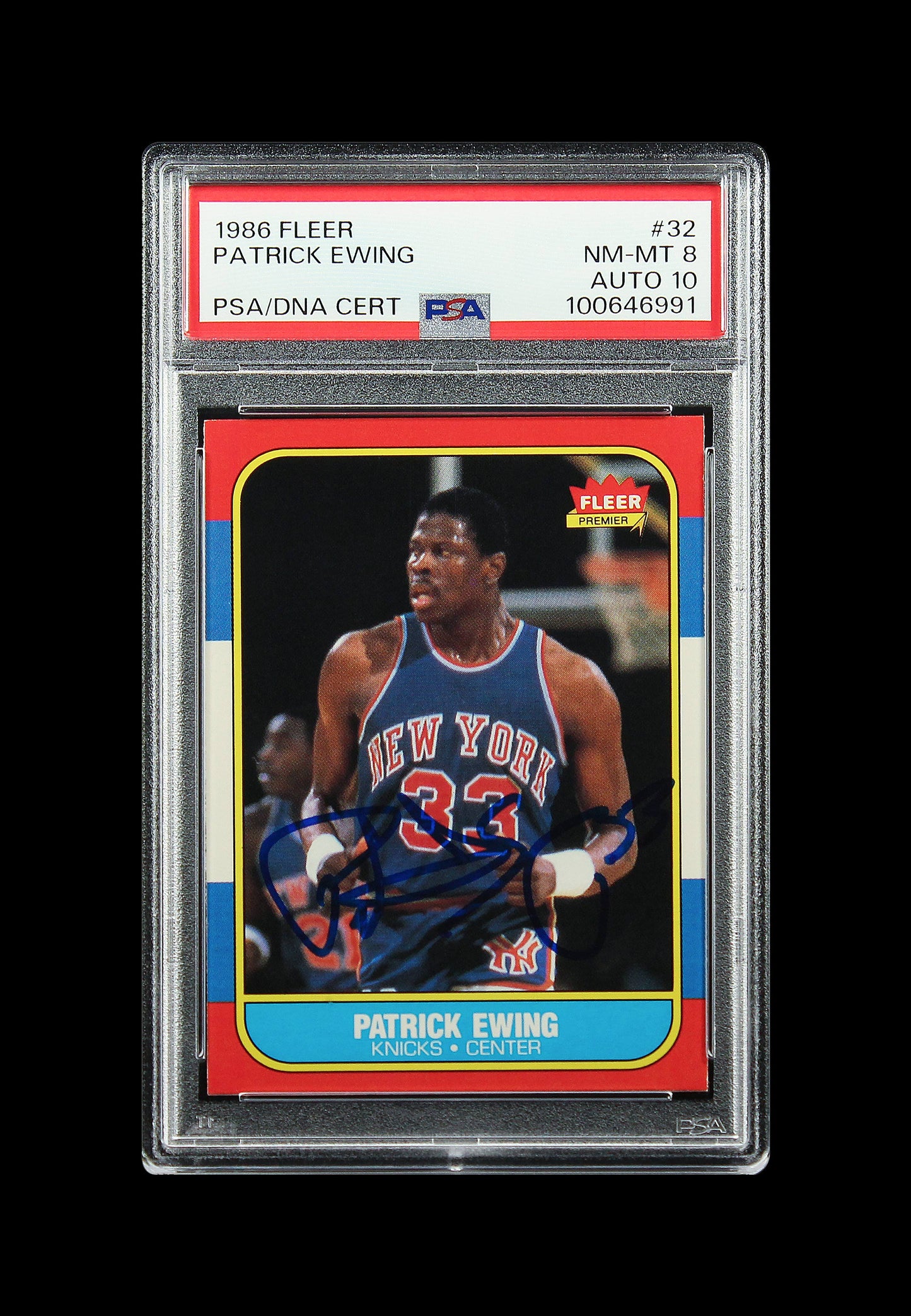 1986 Patick Ewing Fleer RC Rookie Auto #32 PSA 8 / 10 Auto