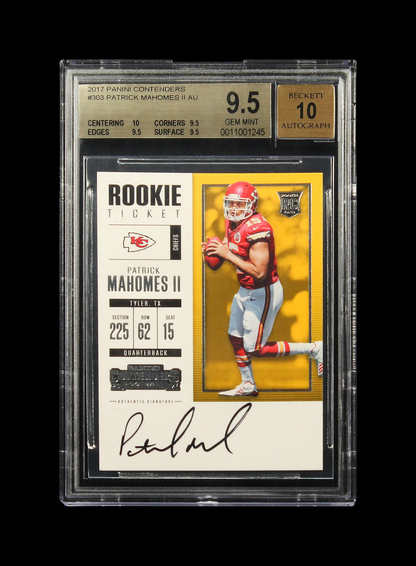 2017 Patrick Mahomes Panini Contenders SP Rc Rookie Auto /212 #303 BGS 9.5 Pop 5 True Gem+