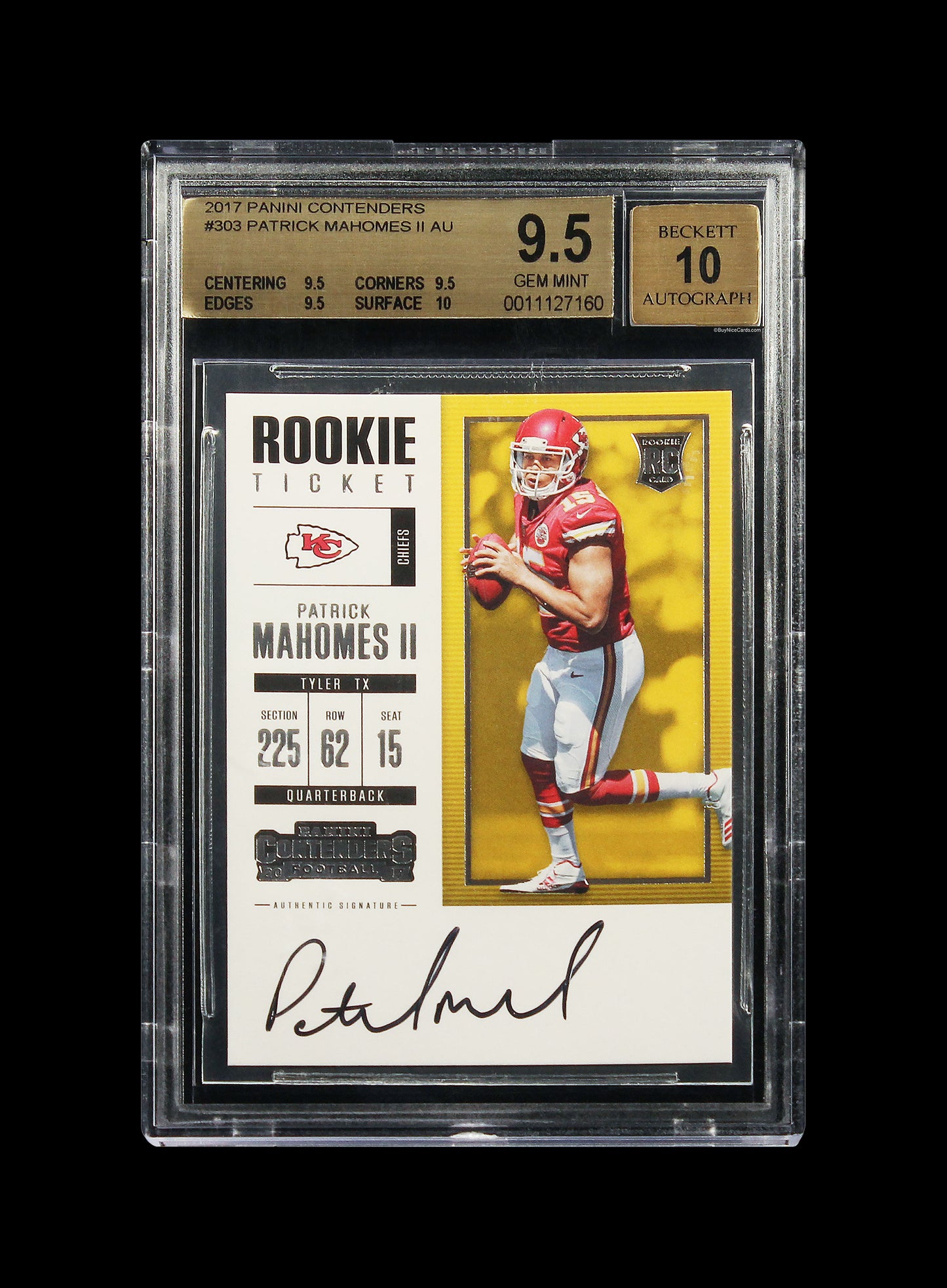 2017 Patrick Mahomes Panini Contenders Rookie Ticket RC Rookie Auto /212 #303 BGS 9.5 Pop 5 True Gem Plus