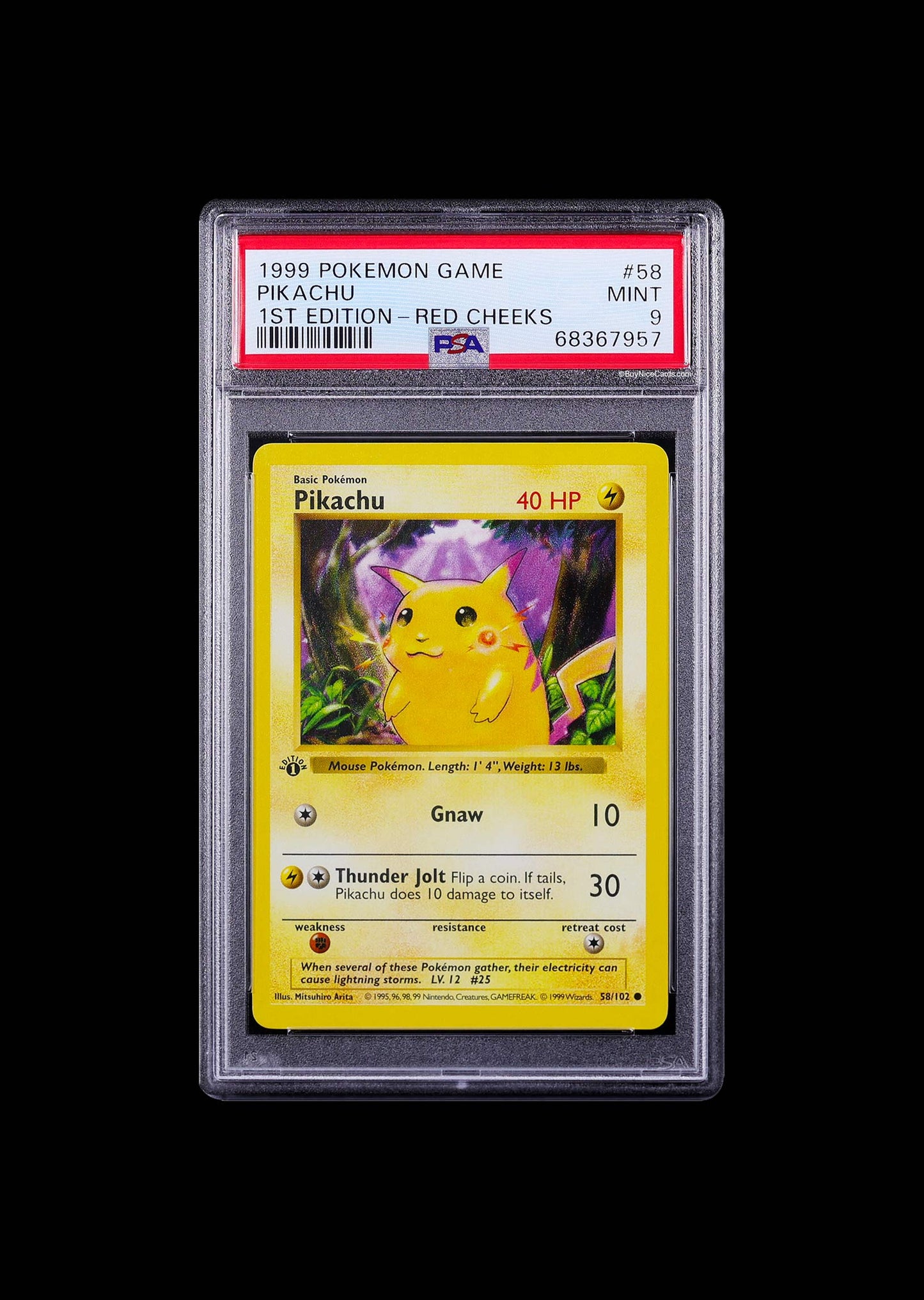 1999 Pikachu Red Cheeks 1st Edition #58 / 102 PSA 9 Mint