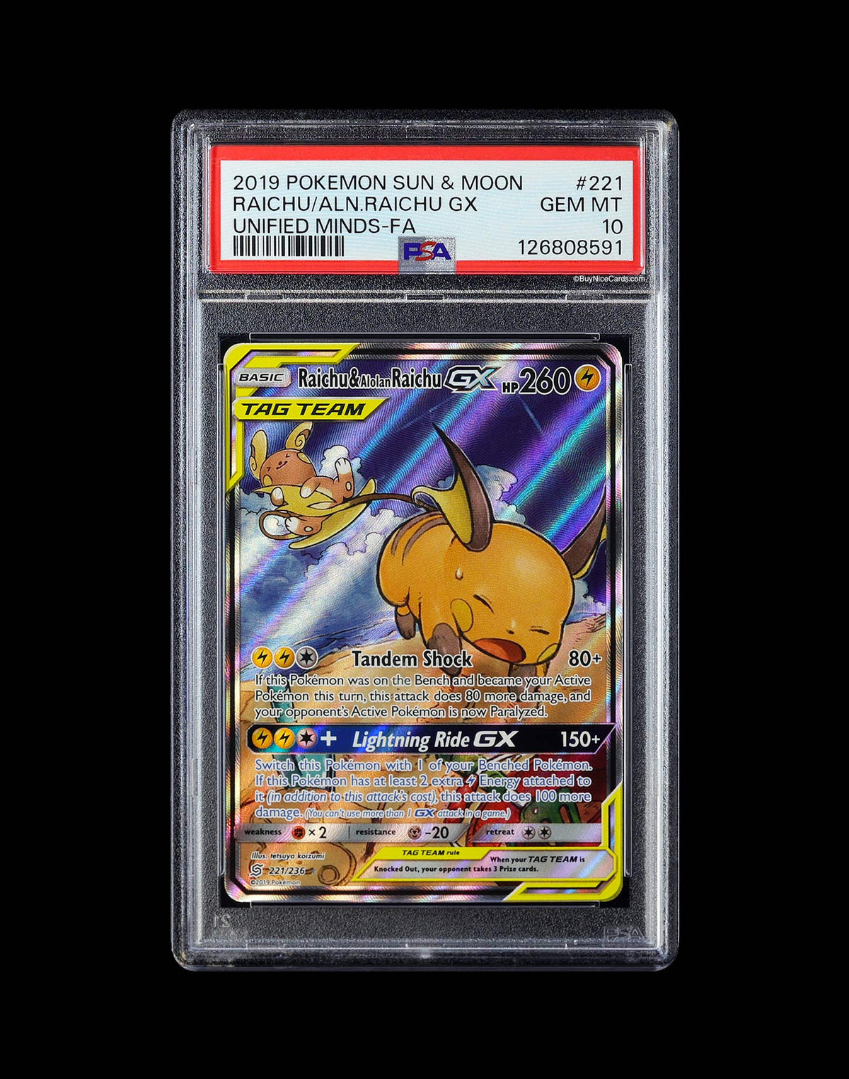 2019 Raichu Alolan Raichu Pokemon Sun & Moon Unified Minds Full Art #221 PSA 10 Gem Mint