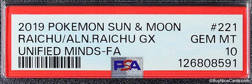 2019 Raichu Alolan Raichu Pokemon Sun & Moon Unified Minds Full Art #221 PSA 10 Gem Mint