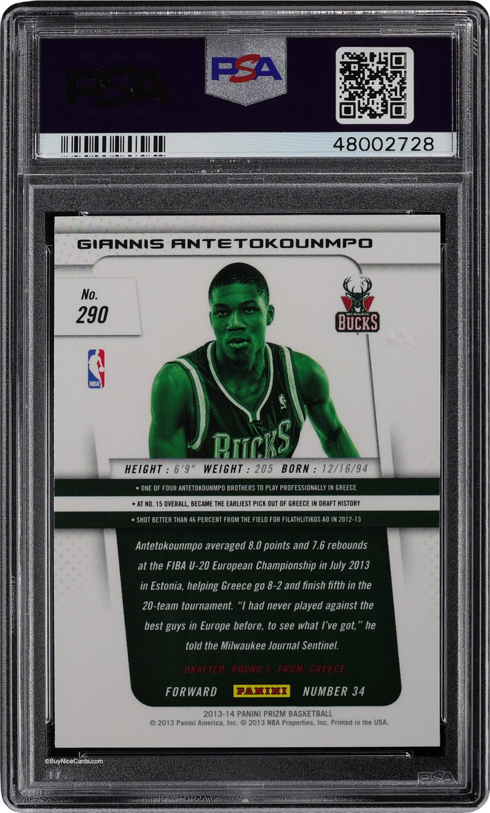 2013 Giannis Antetokounmpo Panini Prizm Base RC Rookie #290 PSA 10 Gem Mint