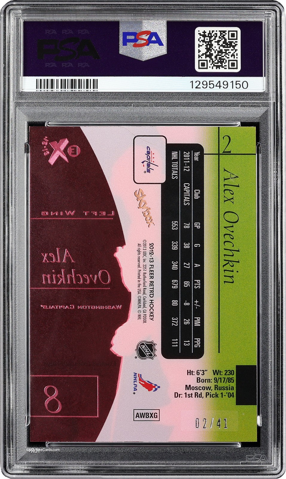 2012 Alex Ovechkin Fleer Retro EX 2002 Essential Credentials Future /41 #2 PSA