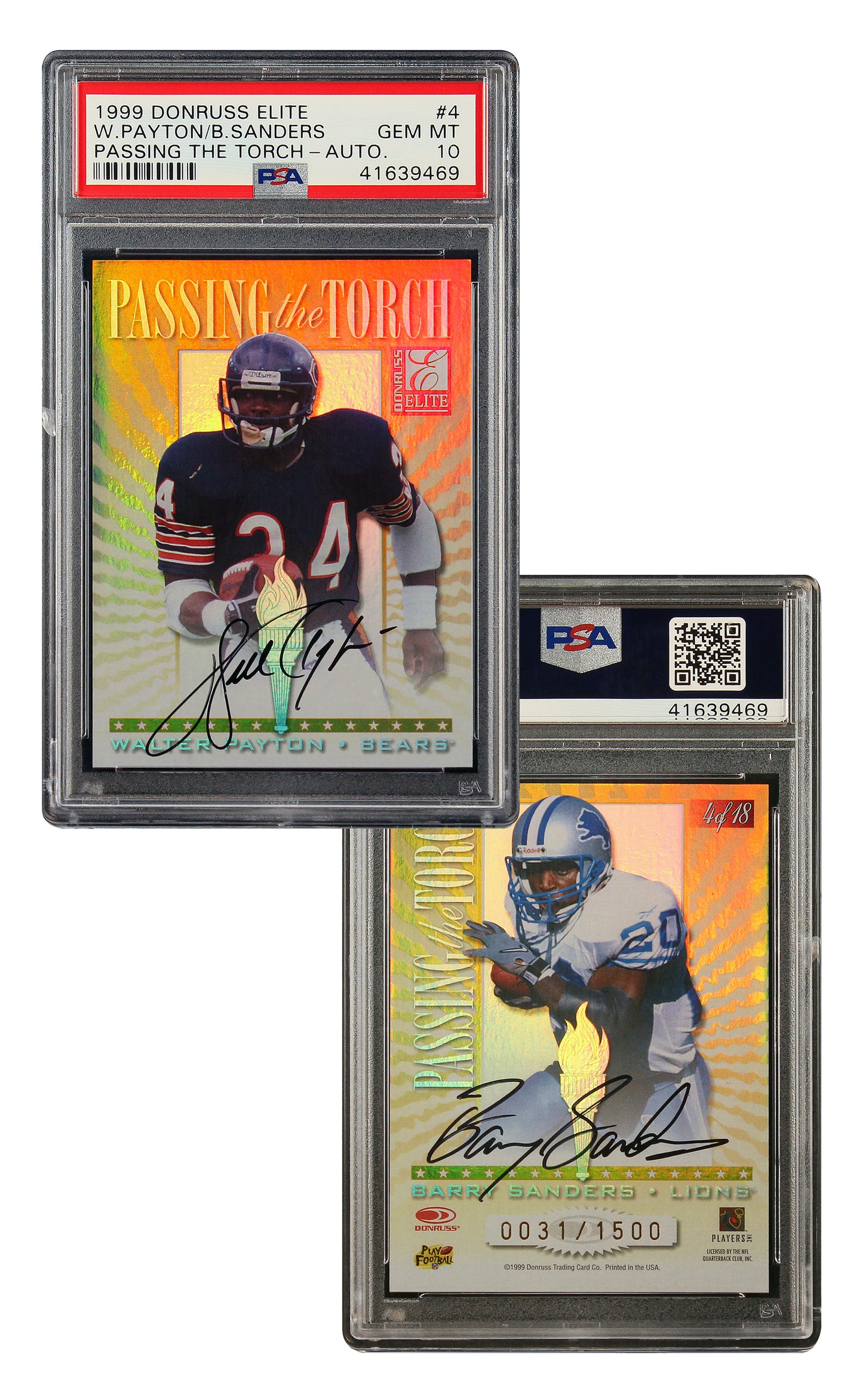 1999 Barry Sanders Walter Payton Donruss Elite Passing the Torch Auto #4 PSA 10