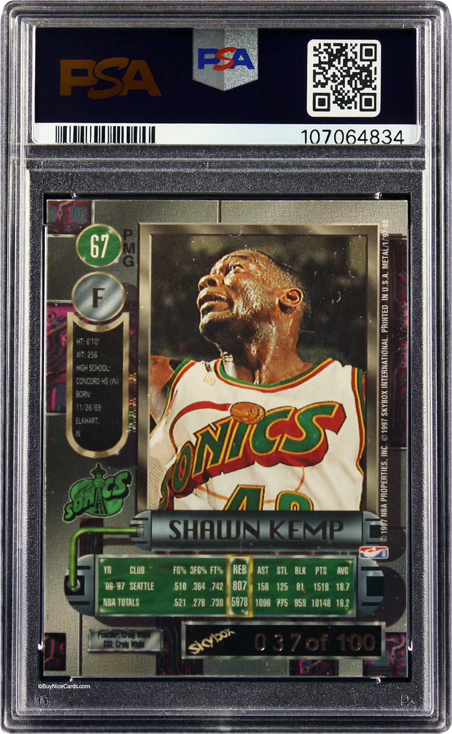 1997 Shawn Kemp Skybox Metal Universe Precious Metal Gems PMG Red /100 PSA 5
