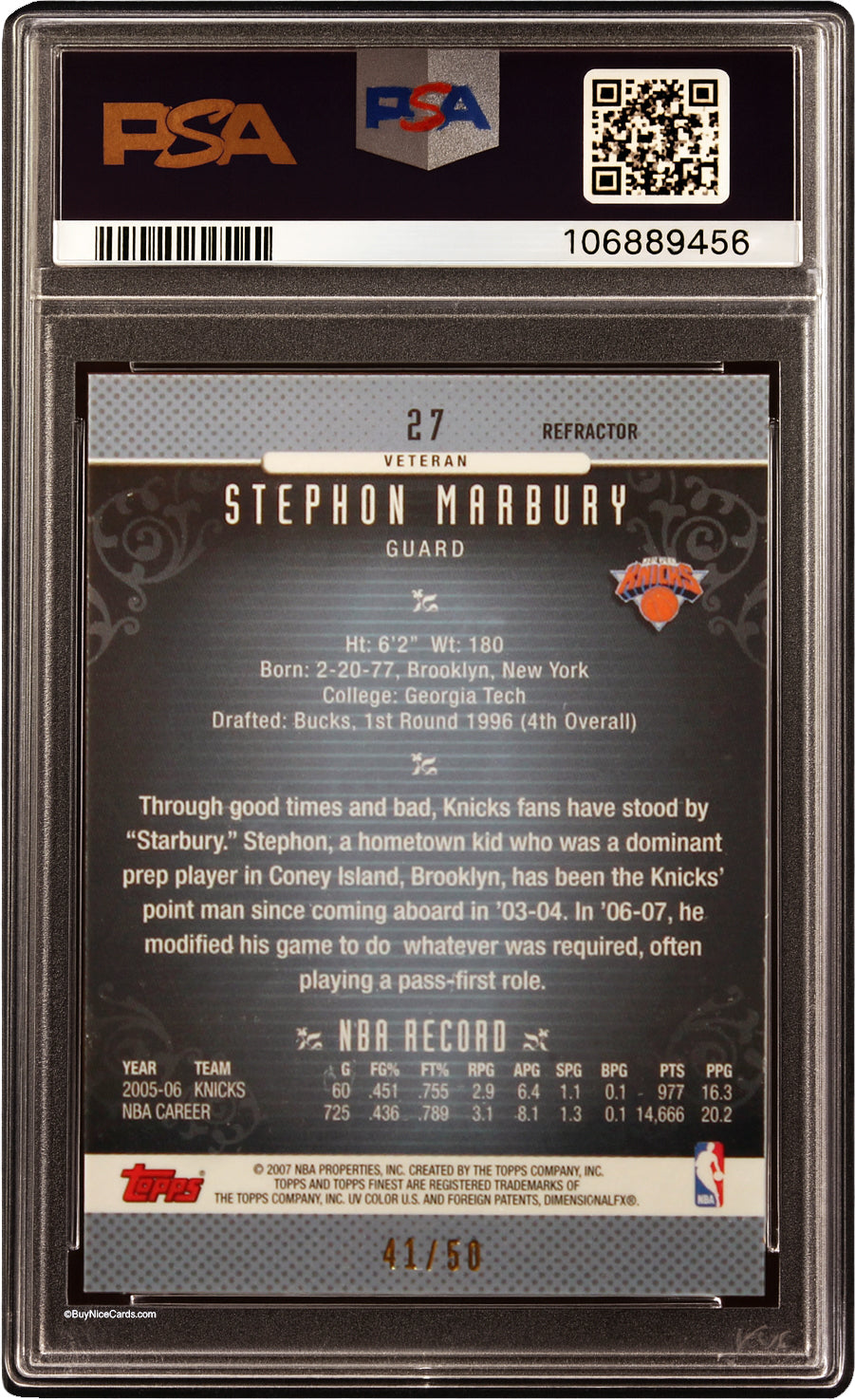 2006 Stephon Marbury Topps Finest Gold Refractor /50 # 27 PSA 8 NM-MT