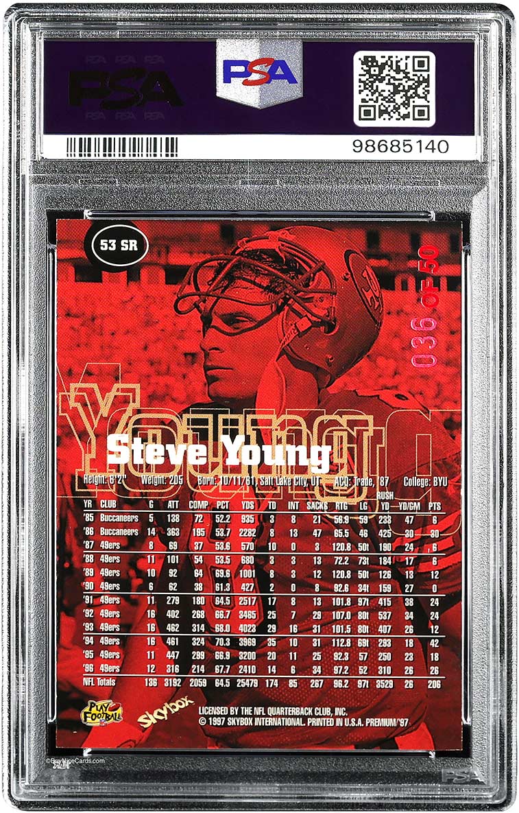 1997 Steve Young Skybox Premium Rubies SP /50 # 53SR PSA 9 Mint Pop 1 with 1 Higher