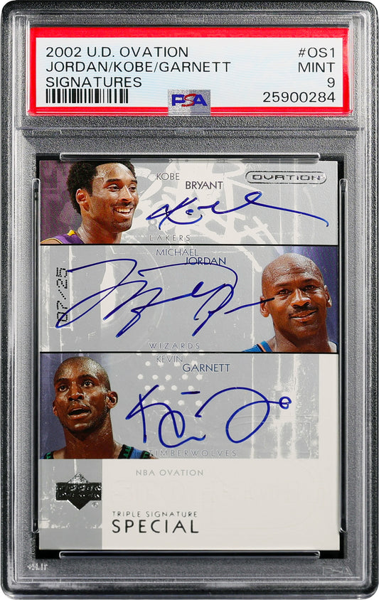 2002 Michael Jordan Kobe Bryant Kevin Garnett UD Ovation Signatures Auto /25 PSA 9