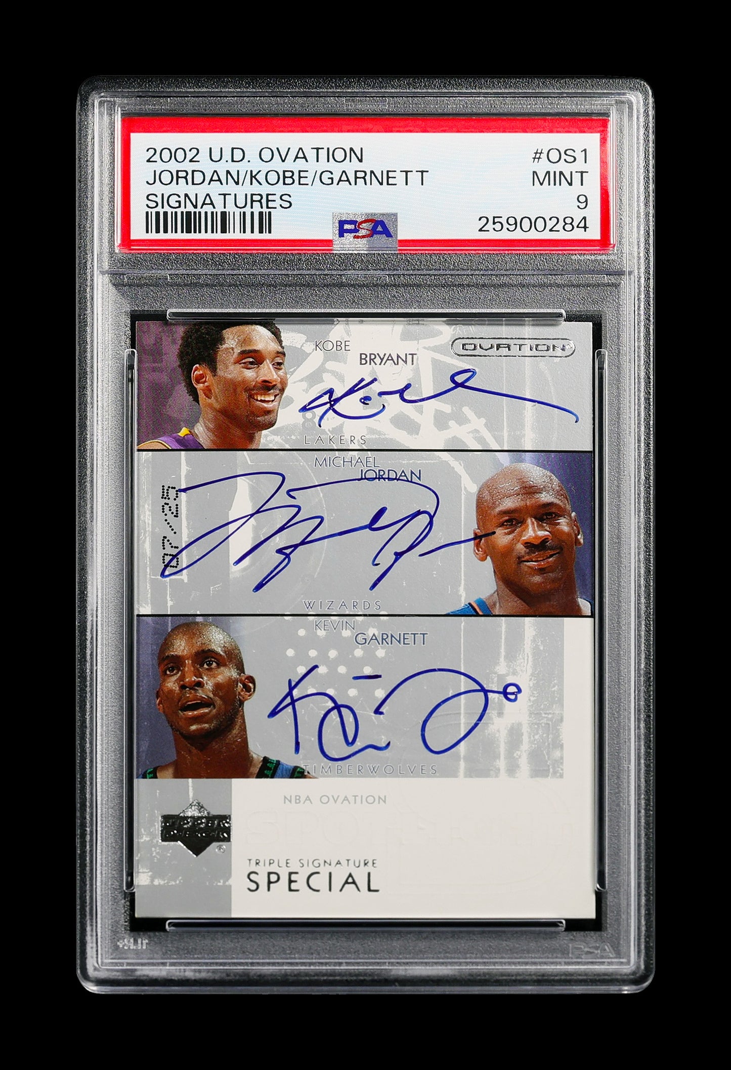 2002 Michael Jordan Kobe Bryant Kevin Garnett UD Ovation Signatures Auto /25 PSA 9