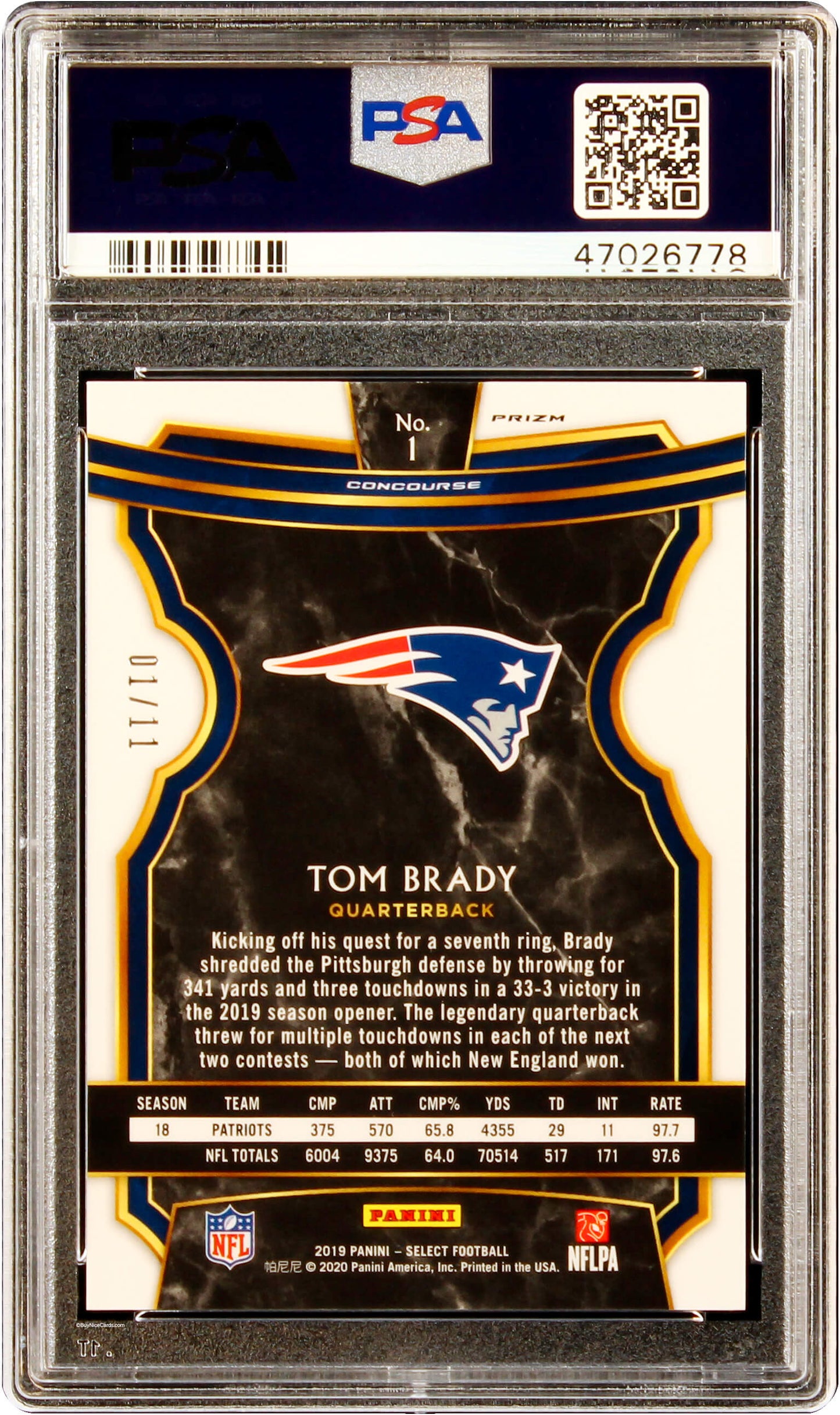 2019 Tom Brady Panini Select Orange Pulsar Prizms Refractor #1 Sp #1/11 Psa 9 Mt