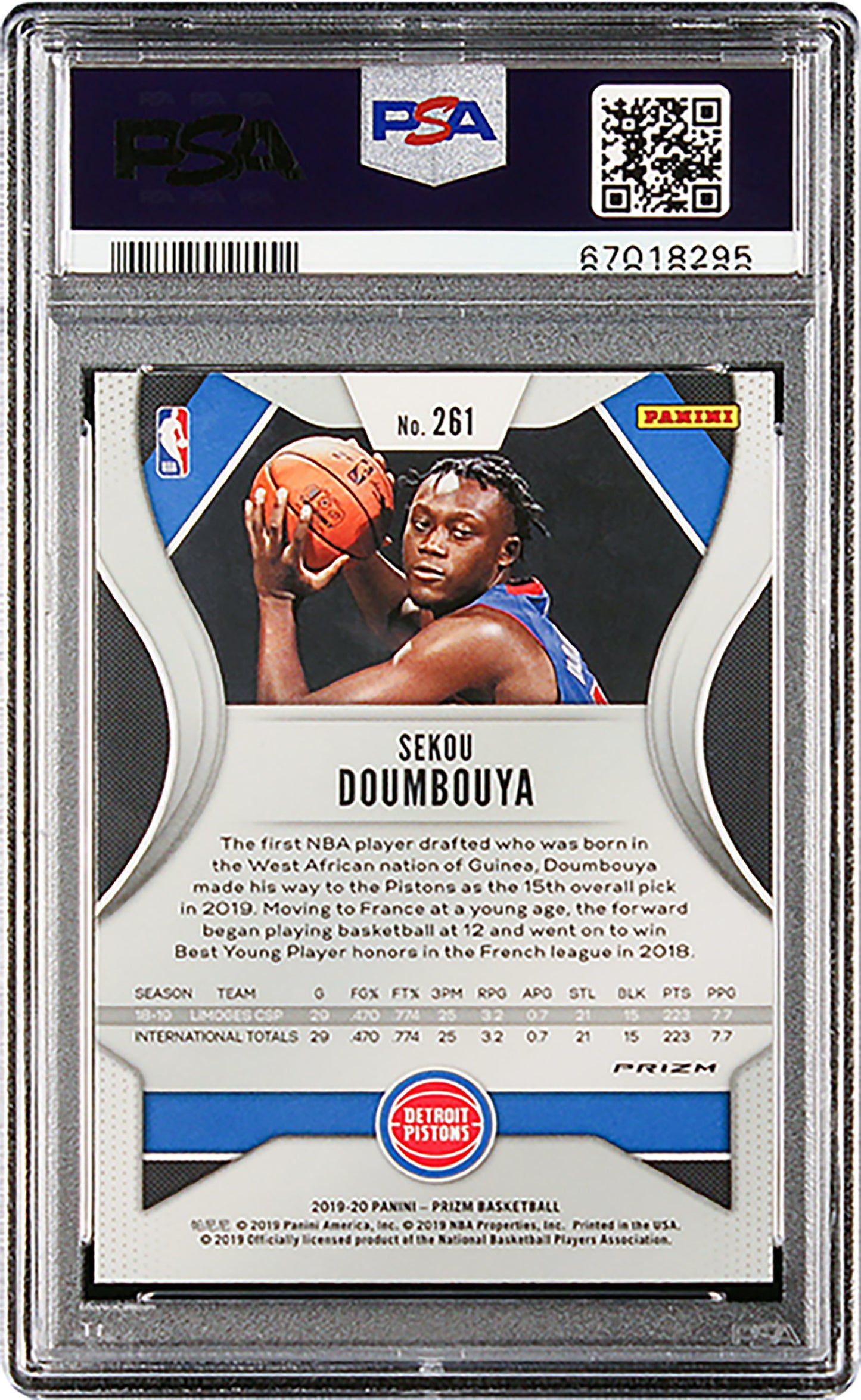 2019 Sekou Doumbouya Panini Prizm Silver Prizms SP RC Rookie #261 PSA 9 Mint
