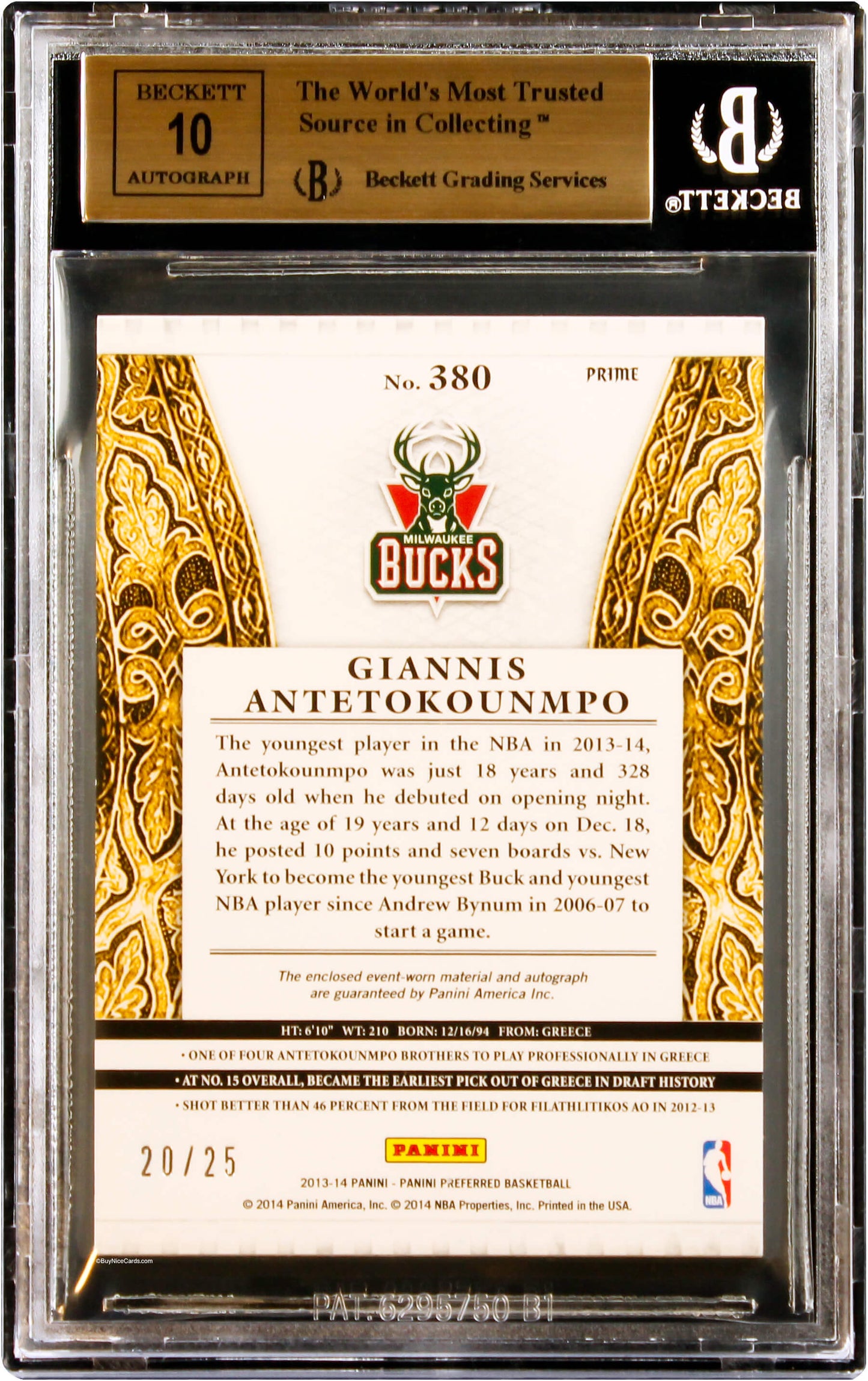 2013-14 Giannis Antetokounmpo Panini Preferred Silhouettes Prime Patch Auto /25 #380 BGS 9.5 / 10