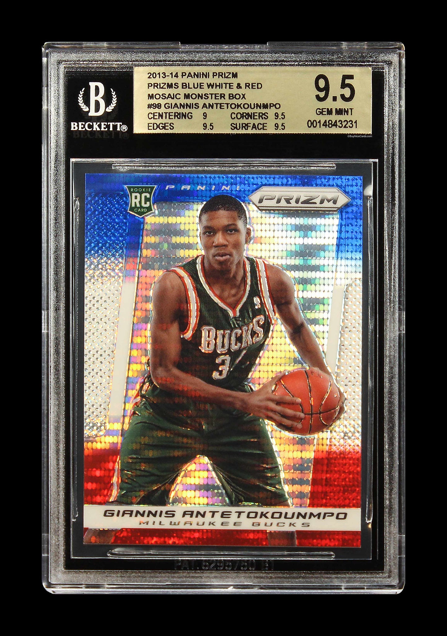 2013-14 Giannis Antetokounmpo Panini Prizm Red White Blue Mosaic Monster Box RC Rookie #98 Bgs 9.5