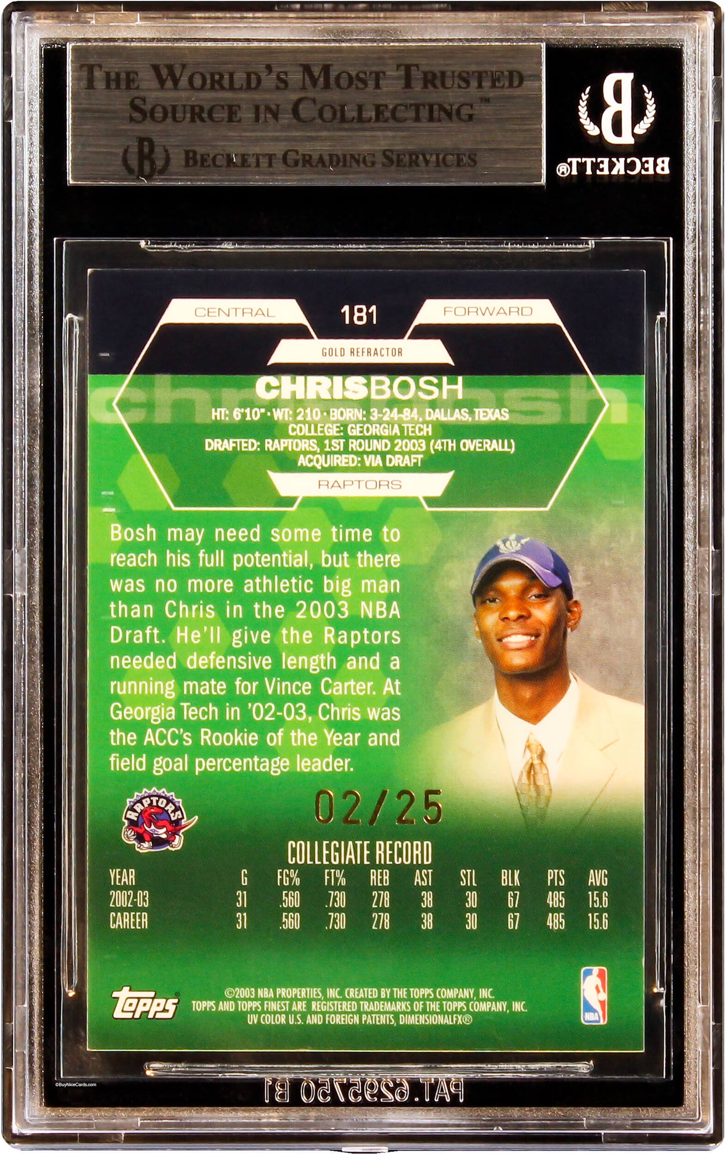 2002-03 Chris Bosh Topps Finest Xrc Gold Refractor Sp Rc Rookie /25 Bgs 8.5