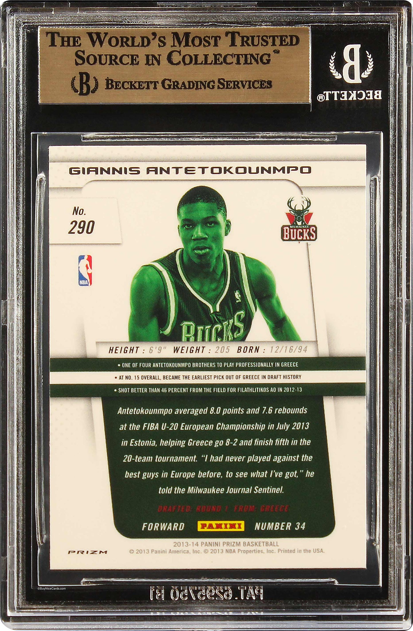 2013 Giannis Antetokounmpo Panini Prizm Blue Prizms Refractor SP RC Rookie #290 BGS 9.5  True Gem+