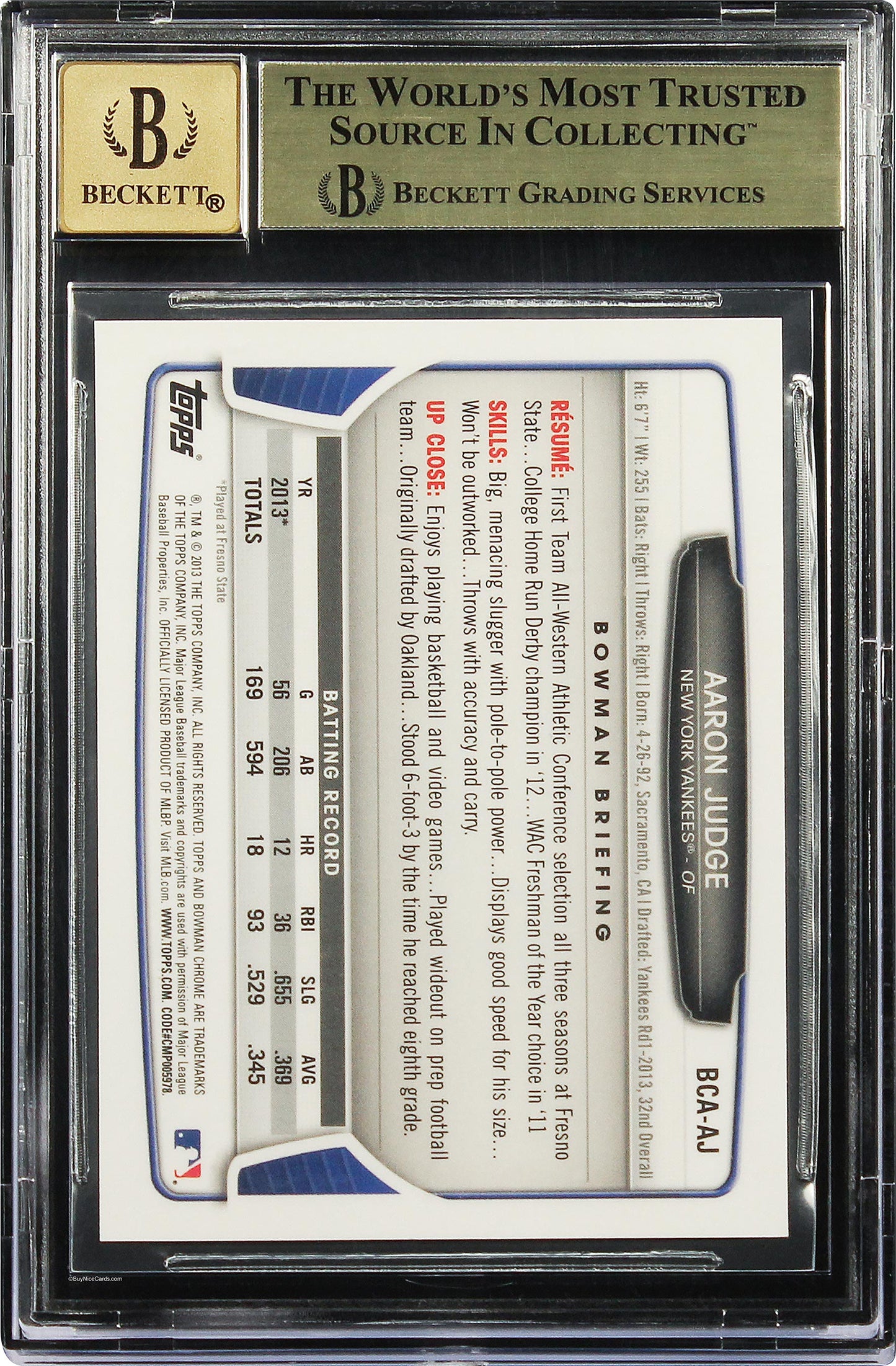 2013 Aaron Judge Bowman Chrome Draft Pick Rc Rookie Auto #AJ BGS 9.5 / 10