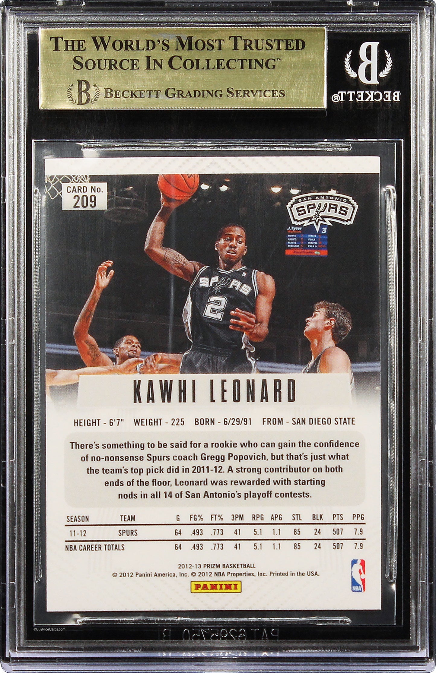 2012-13 Kawhi Leonard Panini Prizm Prizms Green Sp Rc Rookie #209 Bgs 9.5 Gem Mt