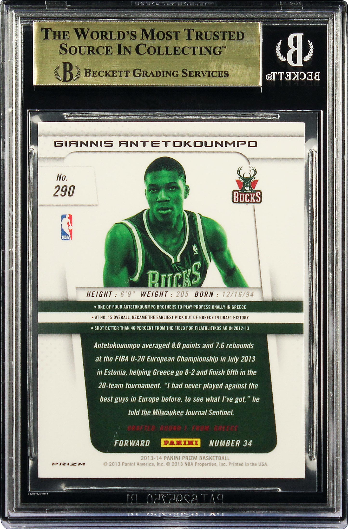 2013-14 Giannis Antetokounmpo Panini Prizm Silver Prizms #290 Bgs 9.5 Gem Mint