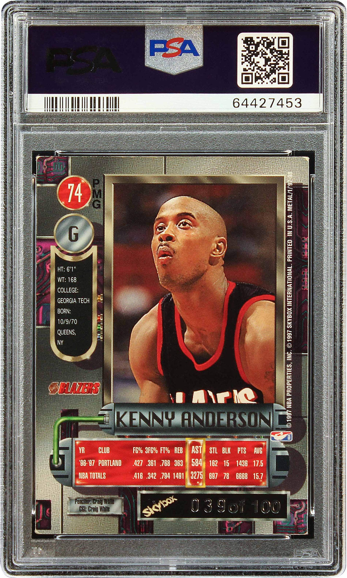 1997 Kenny Anderson Skybox Metal Universe Pmg Precious Metal Gems Red /100 Psa