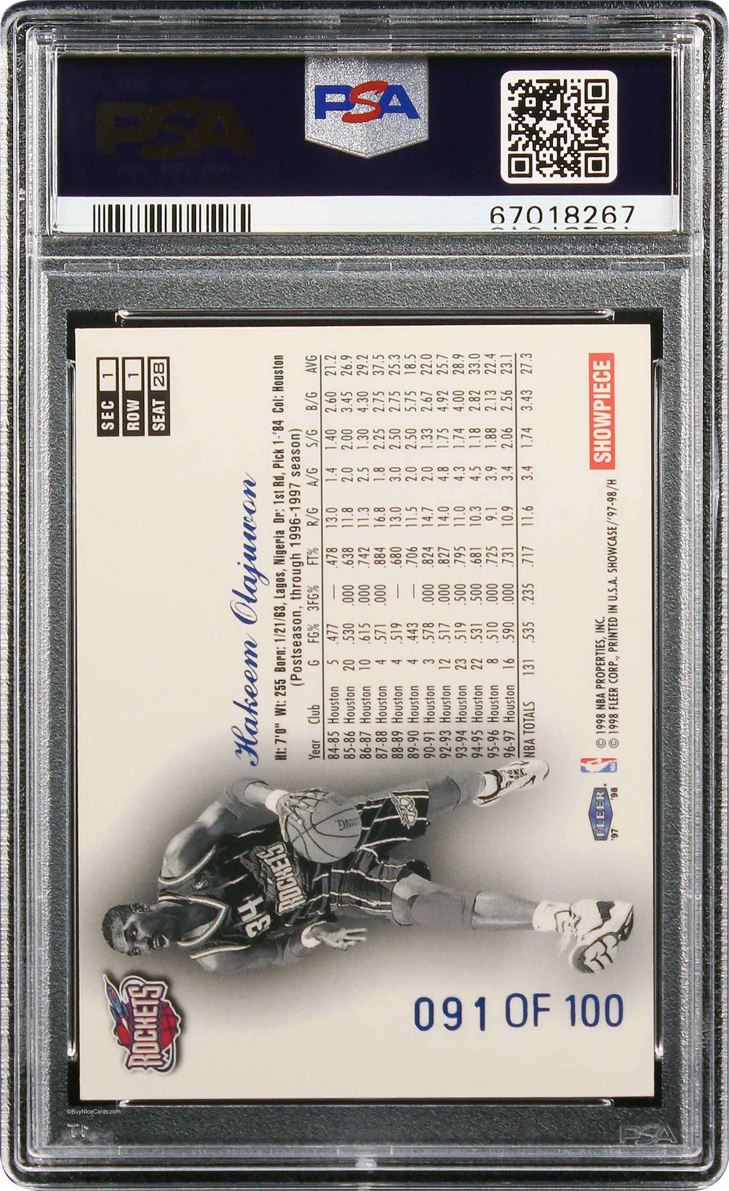 1997 Hakeem Olajuwon Flair Showcase Legacy Collection Row 1 /100 #28 PSA 7