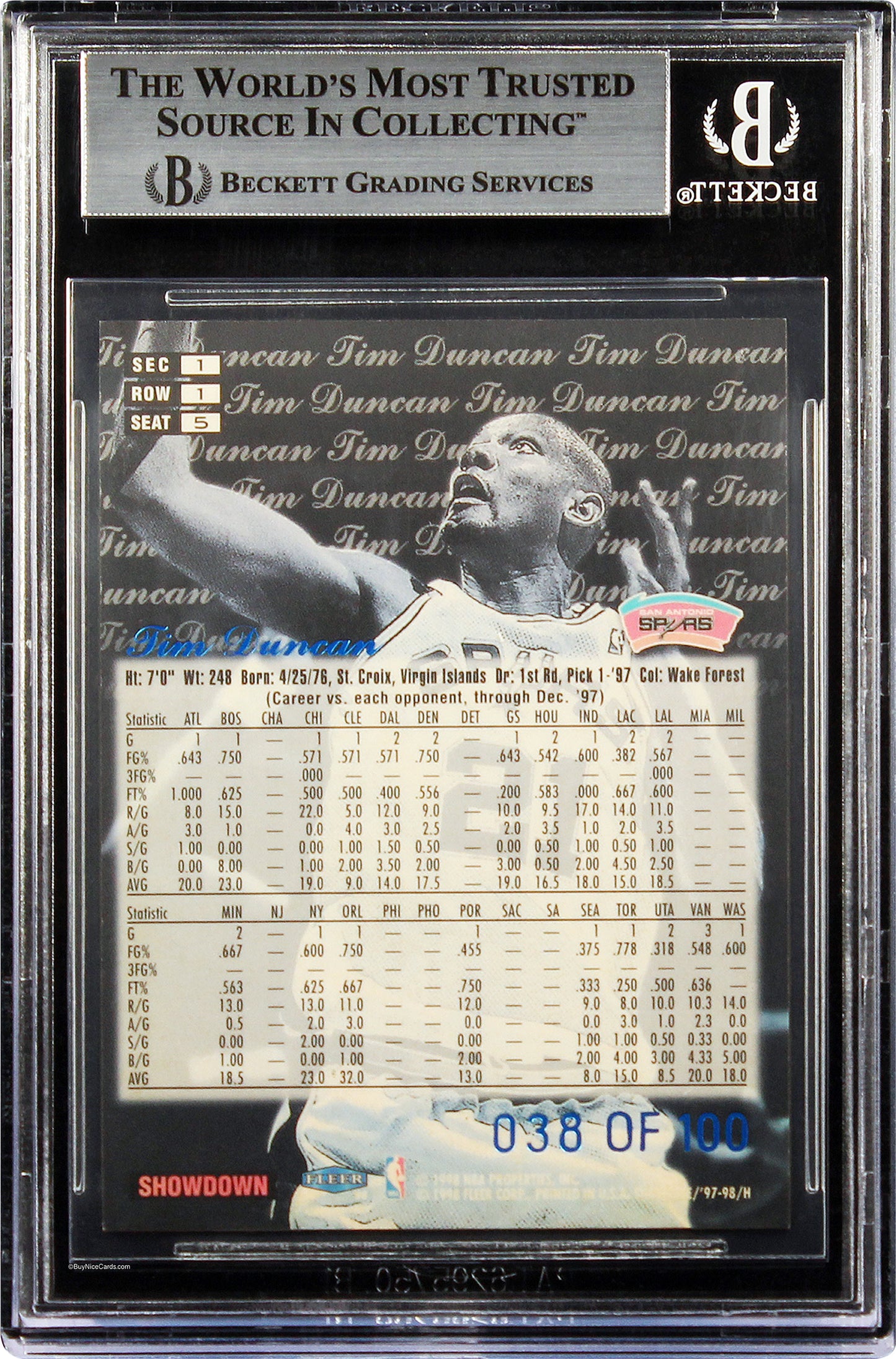 1997-98 Tim Duncan Fleer Flair Showcase Legacy Collection RC Rookie #5 Row 1 /100 BGS 8.5