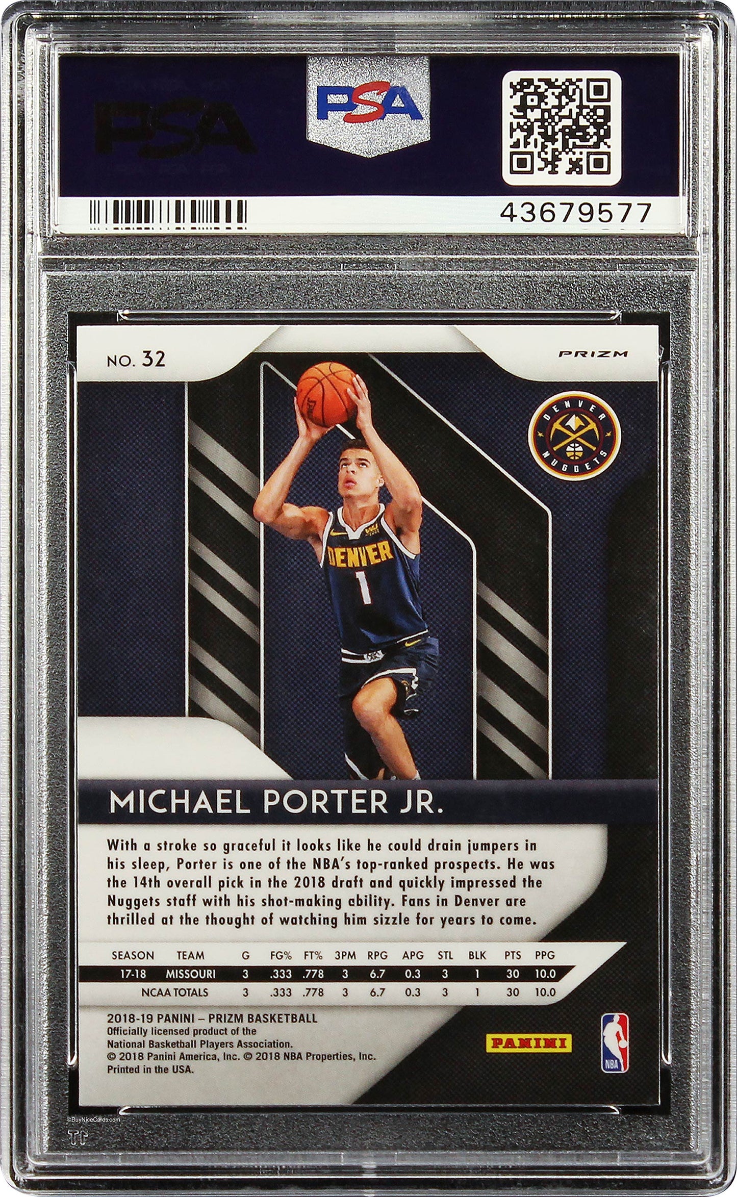 2018 Michael Porter Jr. Panini Prizm Silver Prizms RC Rookie #32 PSA 10 Gem Mint