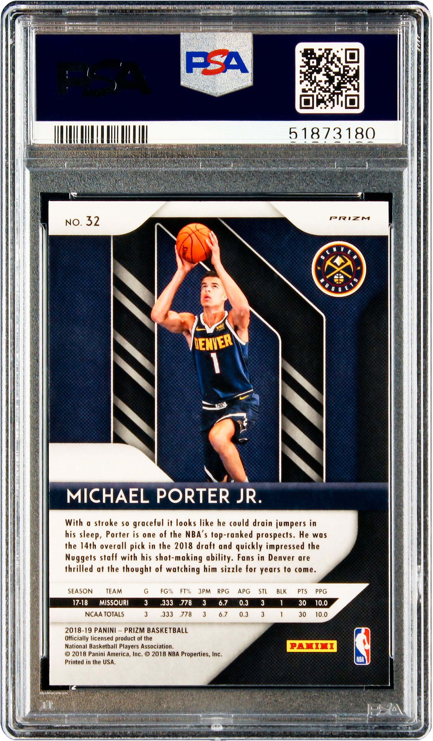 2018 Michael Porter Jr. Panini Prizm Silver Prizms Sp Rc Rook #32 Psa 10 Gem Mt