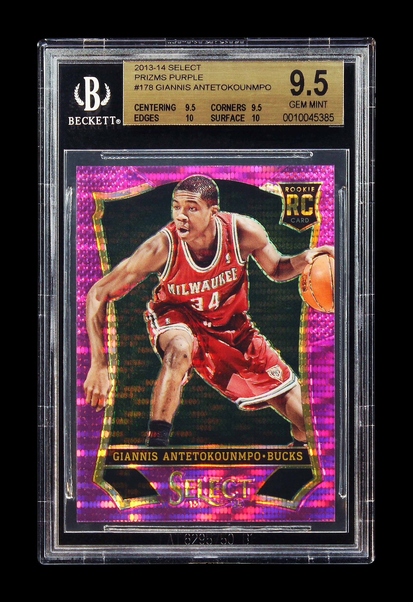 2013-14 Giannis Antetokounmpo Panini Select Prizms Purple Pulsar Rc /99 Bgs 9.5